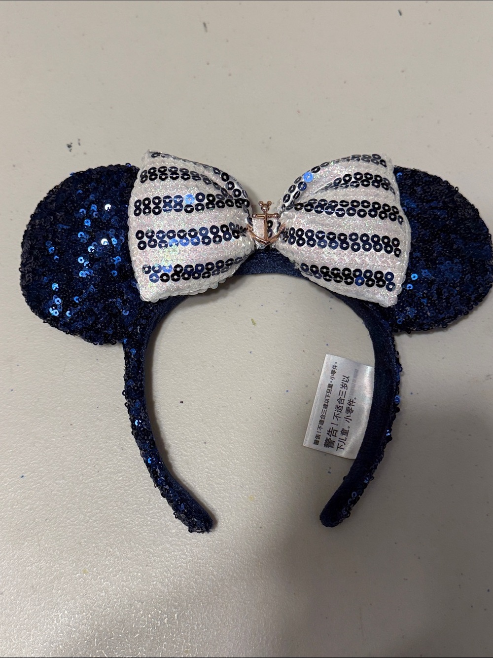 Disney Navy Sequin Minnie Ear Headband with White Striped Bow